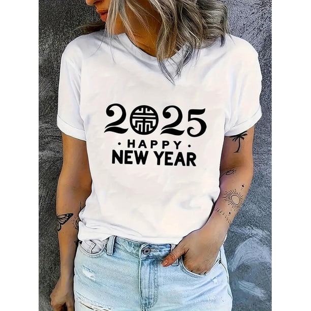 Camiseta Suelta para Mujer Primavera VeranoCreative Happy New Year 2025 Pattern Printed Women'S Fashionable Trendy Round Neck Short Sleeve, Simple Casual Sports T-Shirt, Comfortable Summer Top for H
