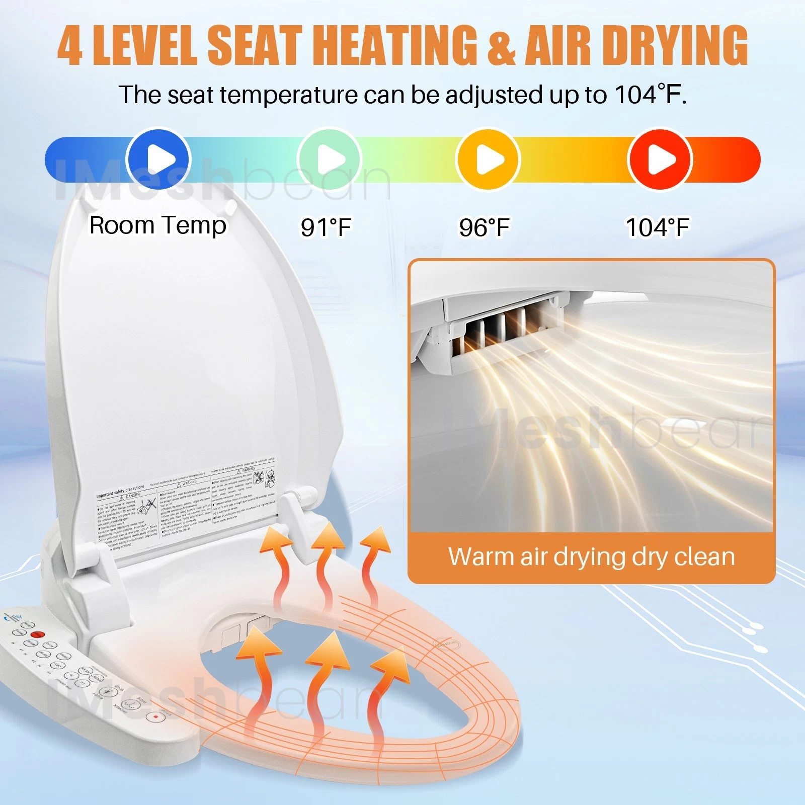 iMeshbean Elongated Smart Toilet Seat, Electric Bidet with Warm Water Warm Air Drying, Night light