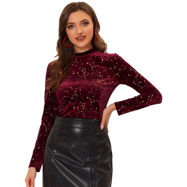 Allegra K Blusa de mujer de terciopelo con cuello redondo y manga larga con estrellas brillantes metálicas borgo?a XS