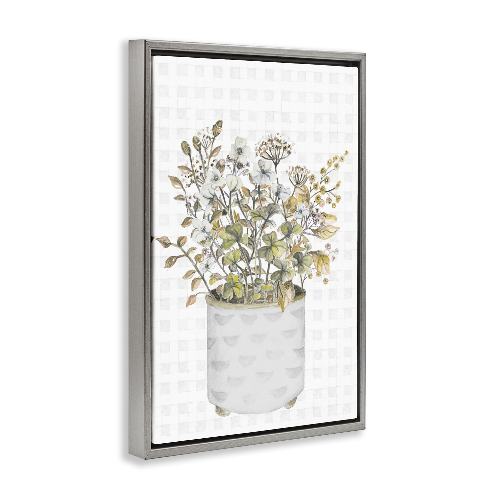 Stupell Industries Neutral Potted Wildflowers Botanical & Floral Painting Gray Floater Framed Canvas Art Print Wall Art, 17 x 25