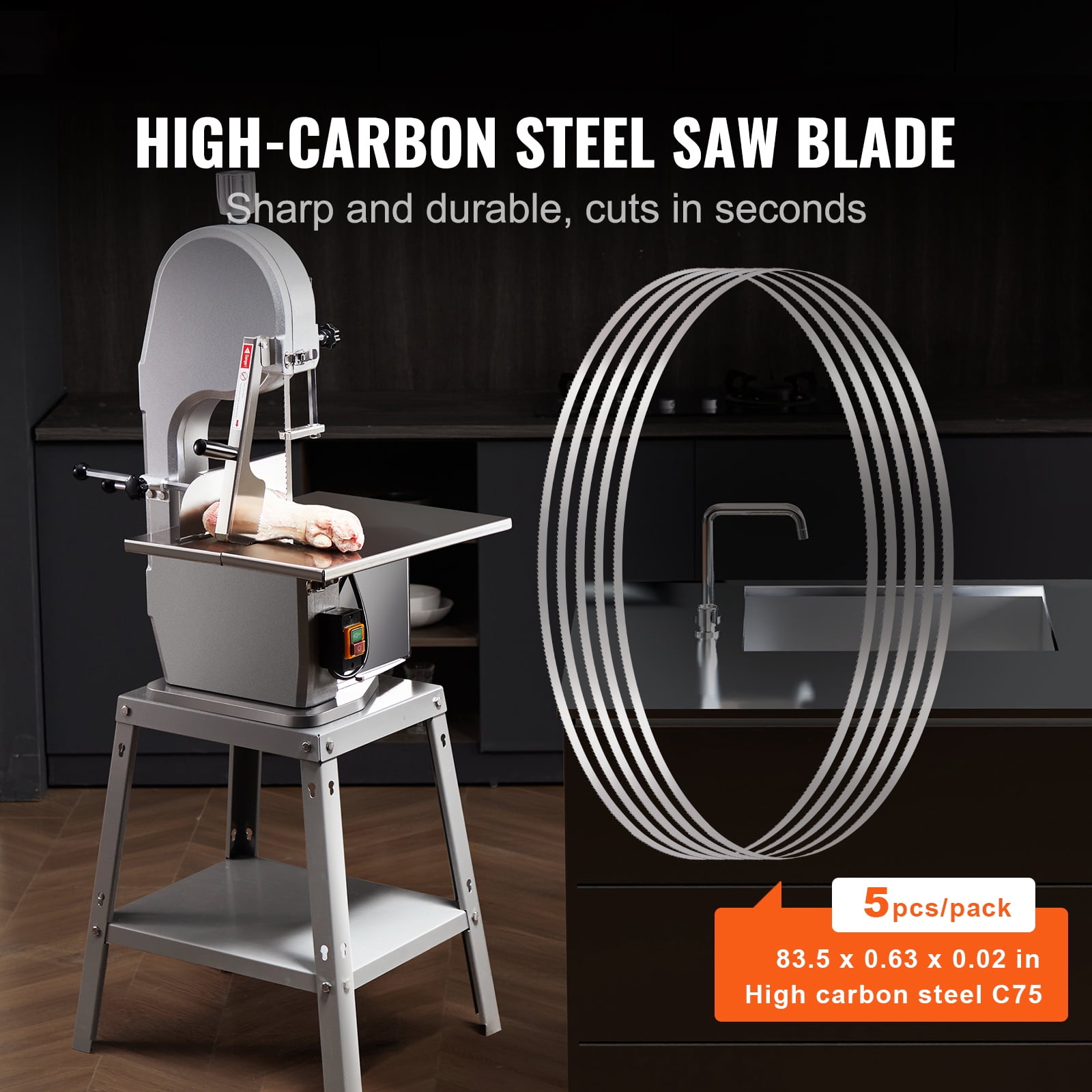 KFFKFF Band Saw Blade Set, 83.5x0.63x0.02 in, Pack of 5, Carbon Steel Meat Cutting Blades, Rust-Resistant Packaging, Compatible with Professional Bone Saw Equipment