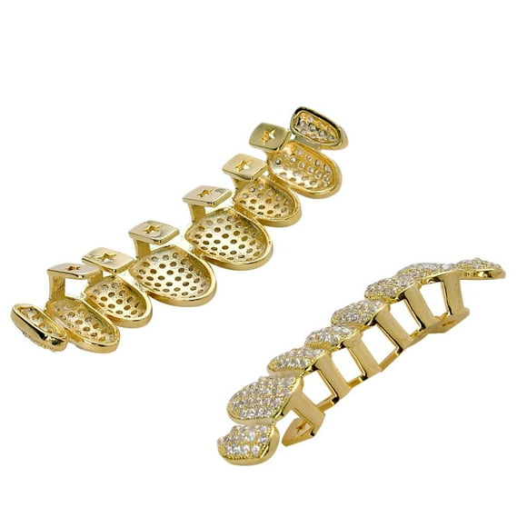 Moda 18K chapado en oro 3A Zircon Grills CZ Top Bottom Caps Joyería de de Halloween para mujeres hombres (tres para selecc Fernando Tapas para parrillas de dientes de boca