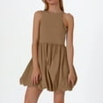 thumbnail image 6 of Women's Rib Knit Round Neck Frill Trim Flowy Shift Sleeveless Tank Mini Short Dress Khaki XL, 6 of 6