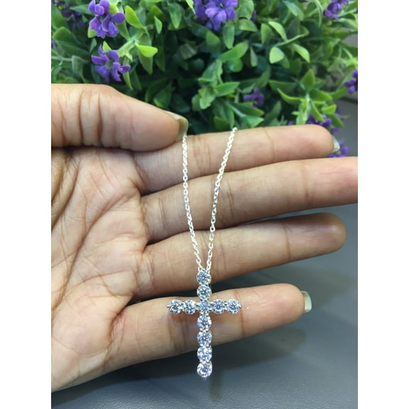 2.50 Carat Round Cut D/VVS1 Natural Moissanite Cross Pendant With Chain 18" In 14K White Gold Plated Silver