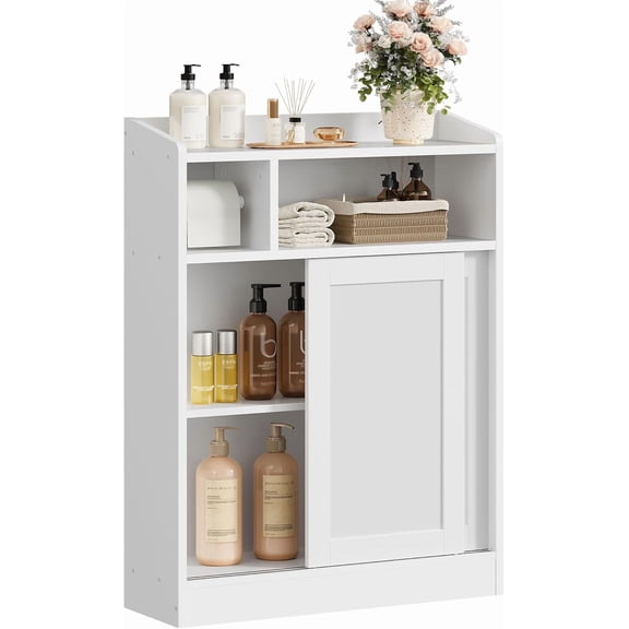 Slim Bathroom Storage Cabinet, Bathroom Floor Cabinet, Storage Organizer with Toilet Paper Holder, Sliding Doors and Adjustable Shelf, for Small Spaces, Bathroom, Living Room, Kitchen, White