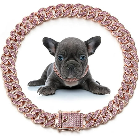 Dog Chain Collar Diamond Link Dog Collar 12 mm Wide Dog Necklace Metal Cat Chain Pet Crystal Collar Jewelry Accessories for Small Medium Large Dogs Cats (Rose Gold  Pink 18 Inch)