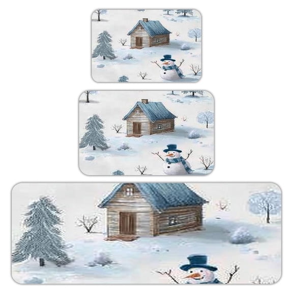 RKSupls Kitchen Rug Set 3 Piece Anti-Slip Flannel Floor Mats, Winter Cabin Snowman Washable Absorbent Runner Mats for Kitchen Bathroom Home Decor