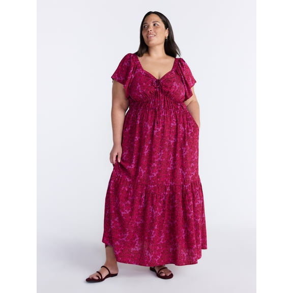 Terra & Sky Women’s Plus Sweetheart Maxi Dress with Short Flutter Sleeves, Sizes 0X-5X