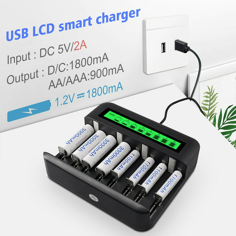 Chargeur Lcd universel - Chargeur 8 baies Aa Aaa C D pour piles  rechargeables, avec port USB 2a type c entrée rapide rapide