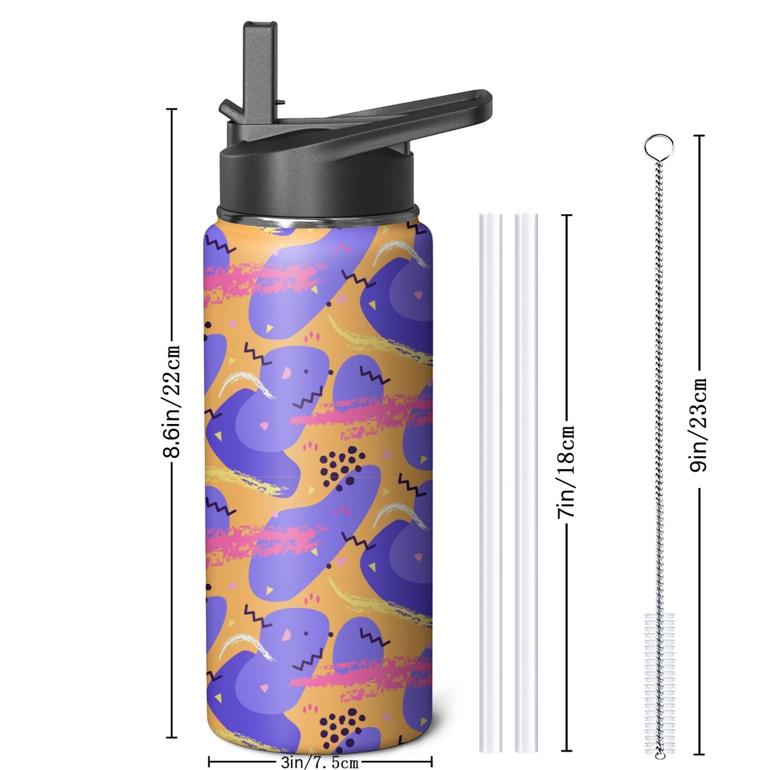 Modern 18 oz Insulated Stainless Steel Water Bottle with Straw & Cleaning Brush , Leakproof, BPA-Free, 304 Stainless Steel, Wide Mouth, Travel Mug for Car, Gym, Office