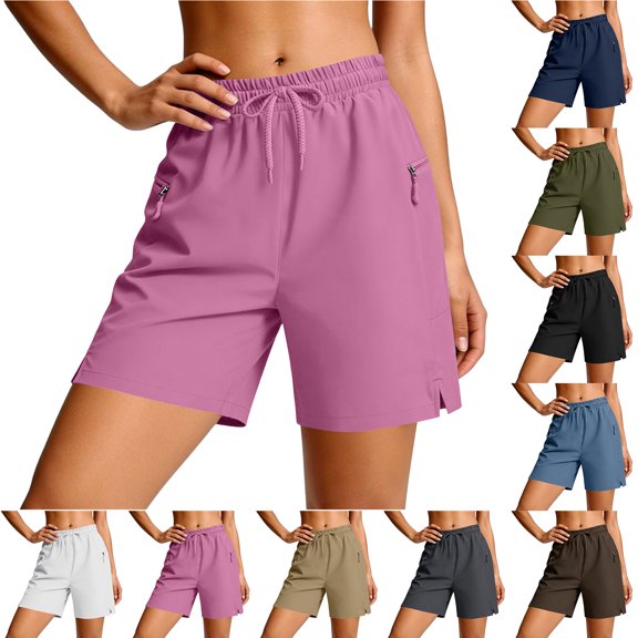 Bloomae Women's Hiking Shorts Trendy Solid Color Quick-Dry Lightweight Drawstring Elastic Waist Athletic Running Golf Summer Casual Short Pants with Zipper Pockets
