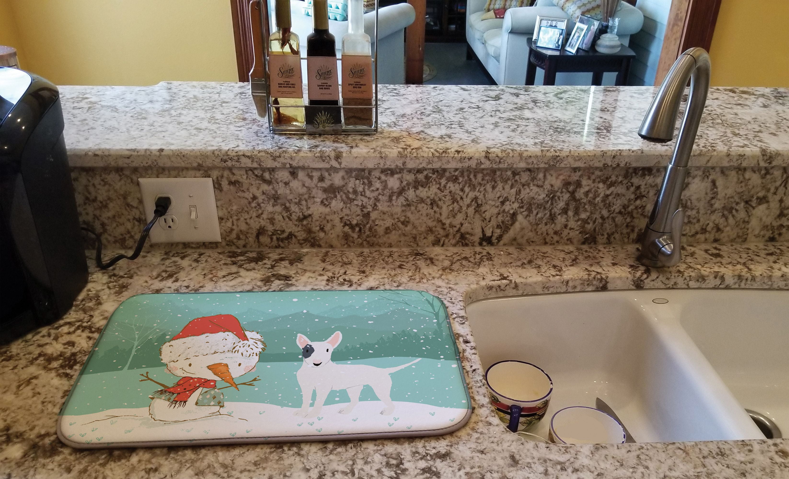 White Spot Bull Terrier Snowman Christmas Dish Drying Mat