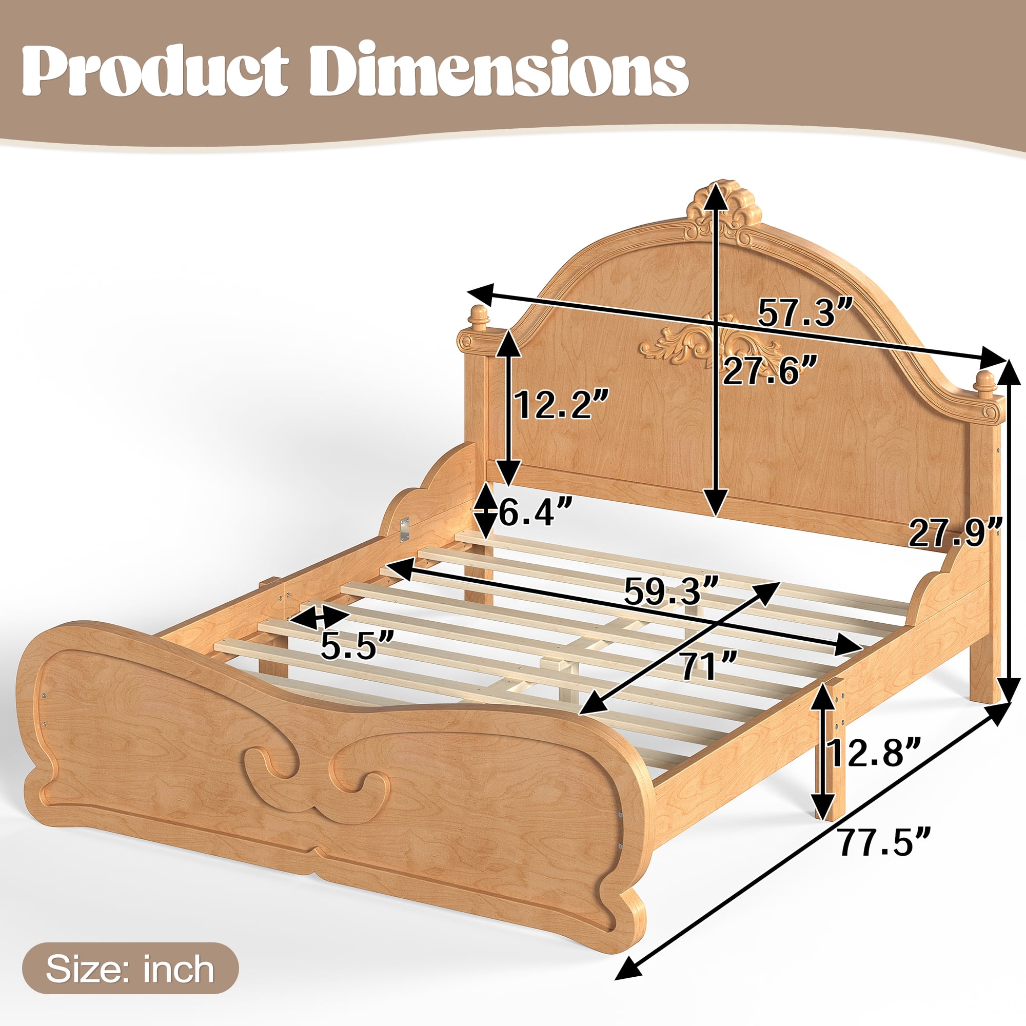 HOQBN Full Size Vintage Carved Platform Bed with Headboard, Solid Wood Bed Frame with Slatted Support, Low Profile Platform Bed for Kid Teens, Natural