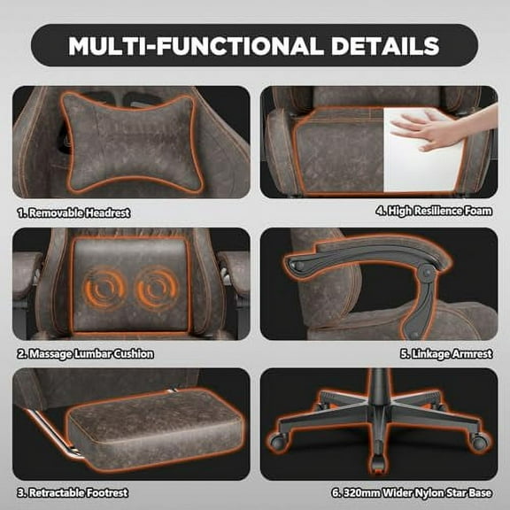 Ferghana Vintage PU Leather Gaming Chair, Ergonomic Gamer Chair with Massage, High Back Computer Office Chair with Footrest for Adults, Racing Style Reclining Video Game Chair (Brown)