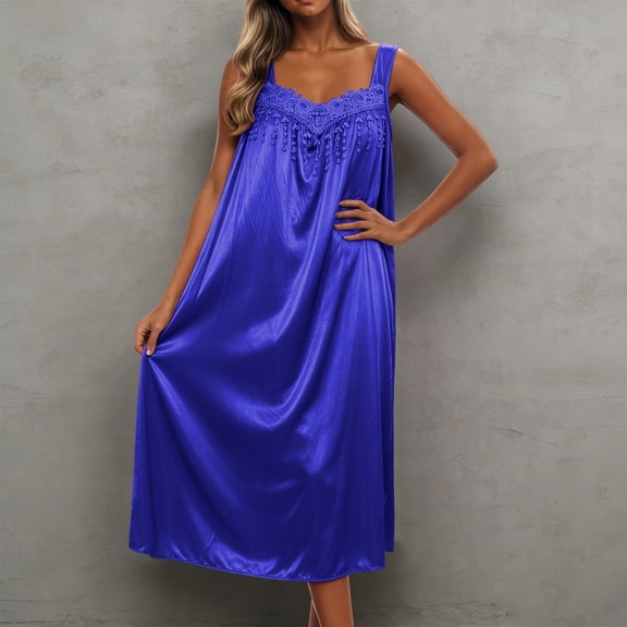 Pajama Dress for Women Ice Silk Sleeveless Nightgown with Lace Loose Long Sleepwear for Women Blue,One Size