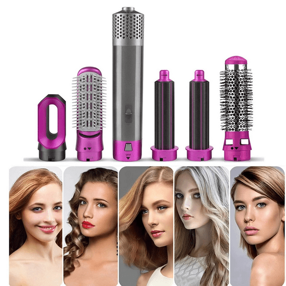 Complete 5-in-1 Hot Air Styler Kit in Pink, Hair Dryer Brush with Interchangeable Heads for Curling, Straightening and Volumizing