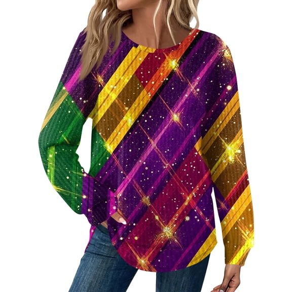 Mardi Gras Shirts for Women Sparkly Mask Print Long Sleeve Tops Glitter Crew Neck Party Tunic Tops Dark Purple XL