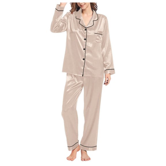Povozer Women Pajamas Set Short Sleeve Sleepwear Button-Down Shirt with Long Pants Soft Pjs Set Nightwear Lounge Sets(Beige,XL)
