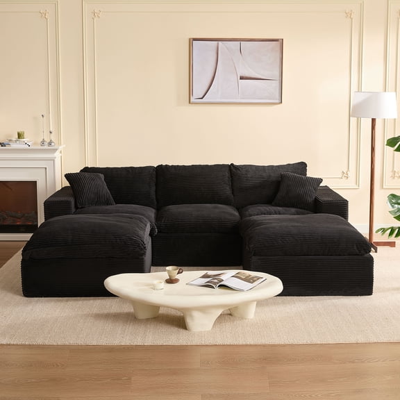 BIGSYY 106.3" U-Shaped Modular Sectional Couch, Deep Seat Modular Couch for Families and Apartment Dwellers, No Assembly Required, Comfortable Sofa for Living Room, Corduroy, Black