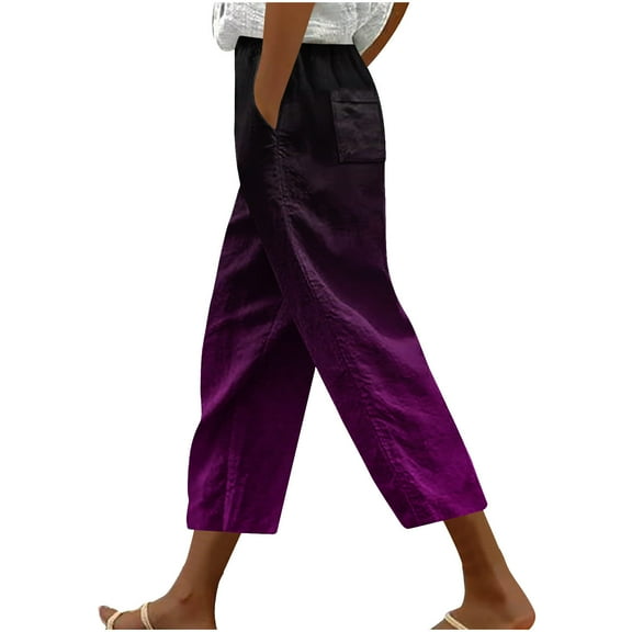 Cavosen Women Pants Casual Hem Loose Capri Solid Lightweight Drawstring Elastic Waist Cropped Trousers Breathable Comfortable Pants Purple L