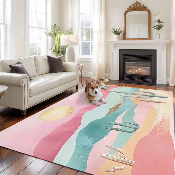 6'x9' Area Rugs, Western Boho Indoor Outdoor Area Rug for Living Room Bedroom, Cactus Pink Green Nature Mountains Washable Bathroom Rugs Kitchen Floor Carpet Mats Home Decor Aesthetic