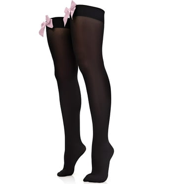Skeleteen Bow Accent Thigh Highs - Black Over the Knee High Stockings with Pink Satin Ribbon Bow Accent for Women and Girls