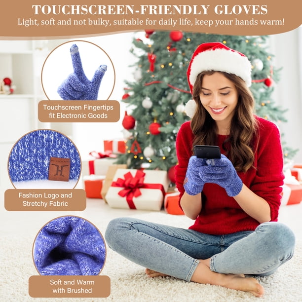 Women\'s Blue White Winter Beanie Hat Scarf Gloves Set Pom Warm Christmas Gift Cozy Winter Beanie, Scarf & Touchscreen Gloves Set for Women  main image 3
