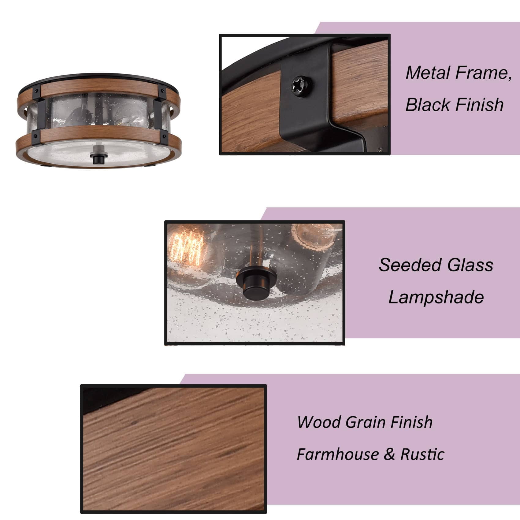 Piacenza Farmhouse Clear Seeded Glass Ceiling Light Fixture Black+Rustic Wood Grain Finish