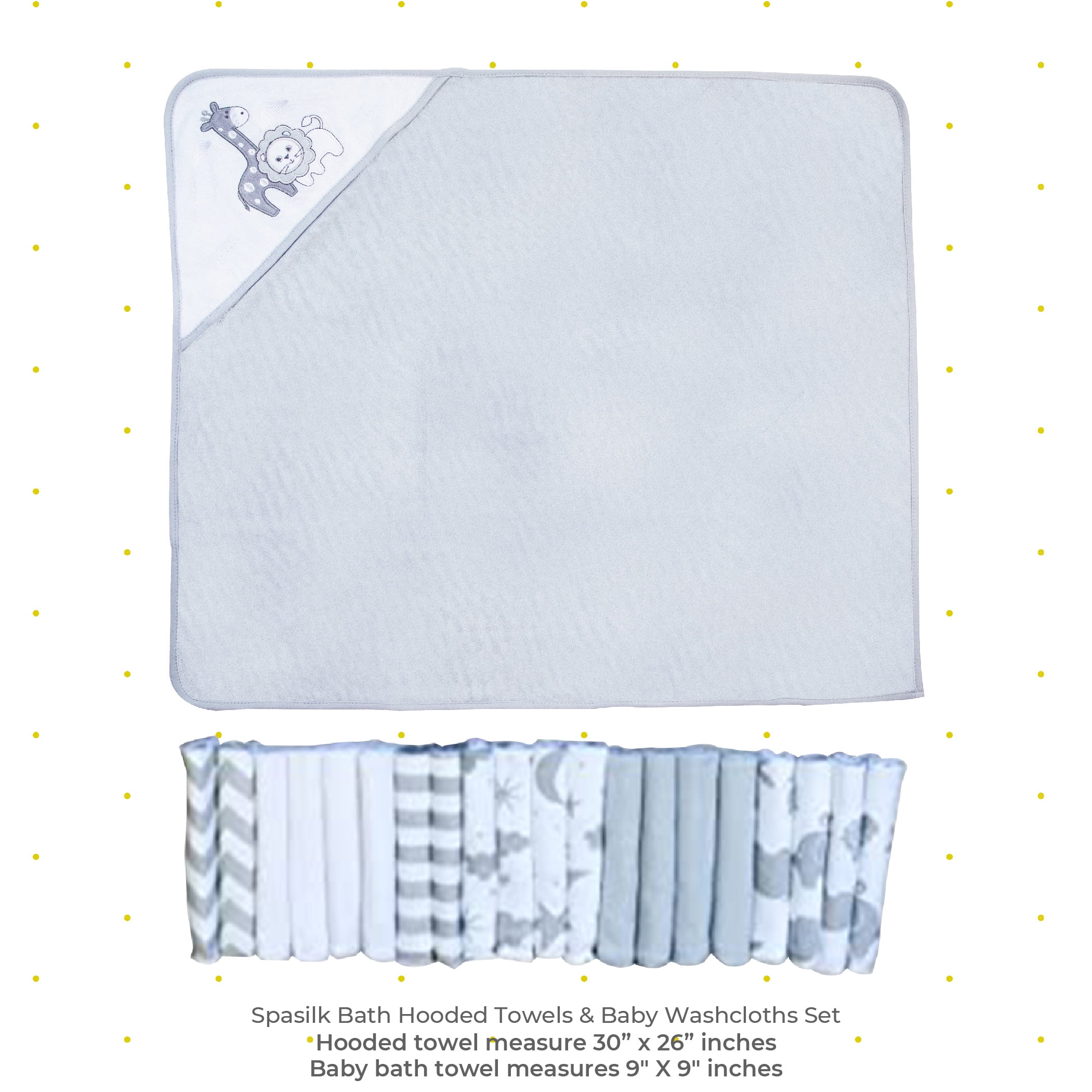 Spasilk Bath Hooded Towels & Washcloths Set for Babies, 23-Piece Gift Set, Gray Lion