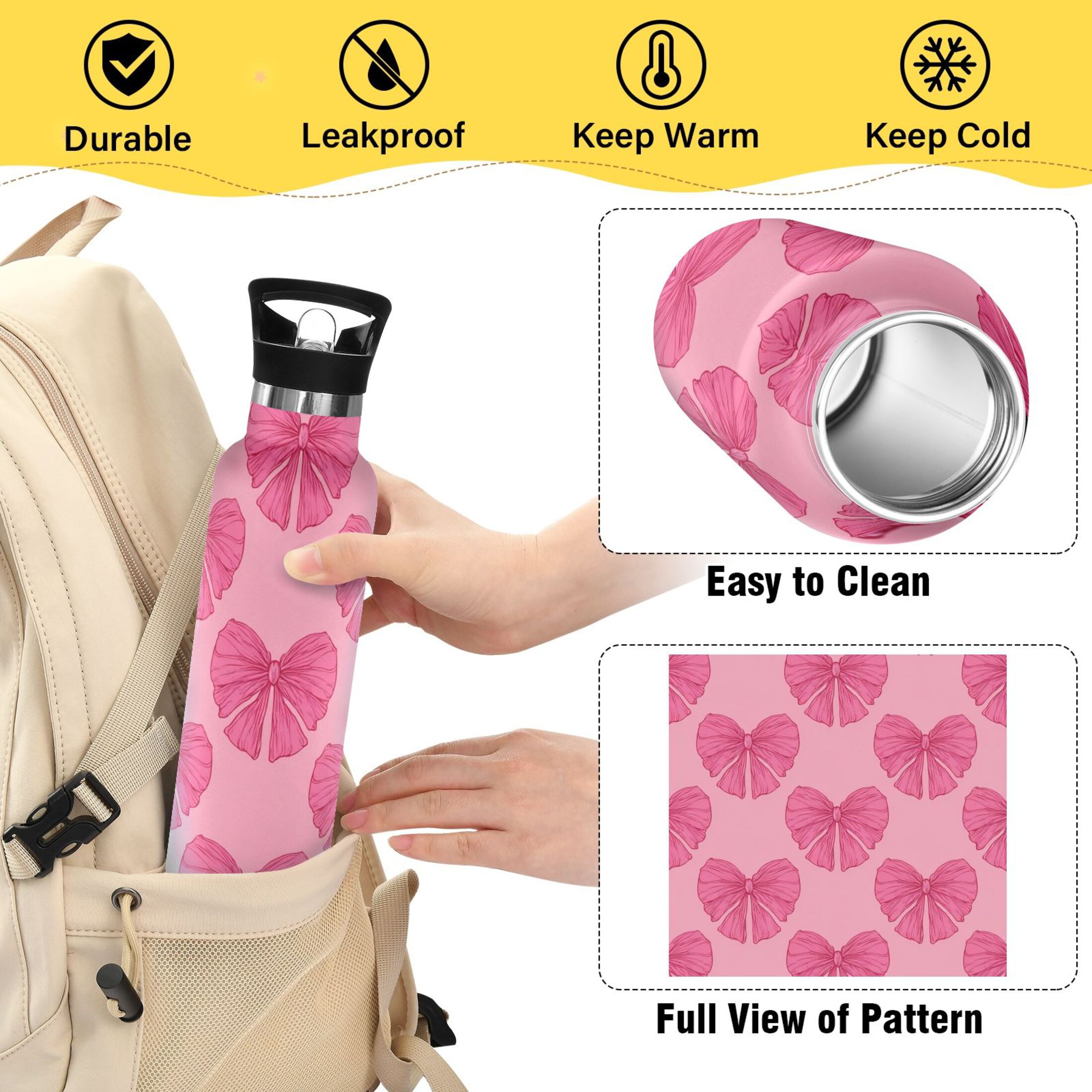 600ML Stainless Steel Insulated Cup Sports Water Bottle Portable Thermos Cup Water Glasses Insulated Tumblers Convenient and Durable Pink Bow Cute