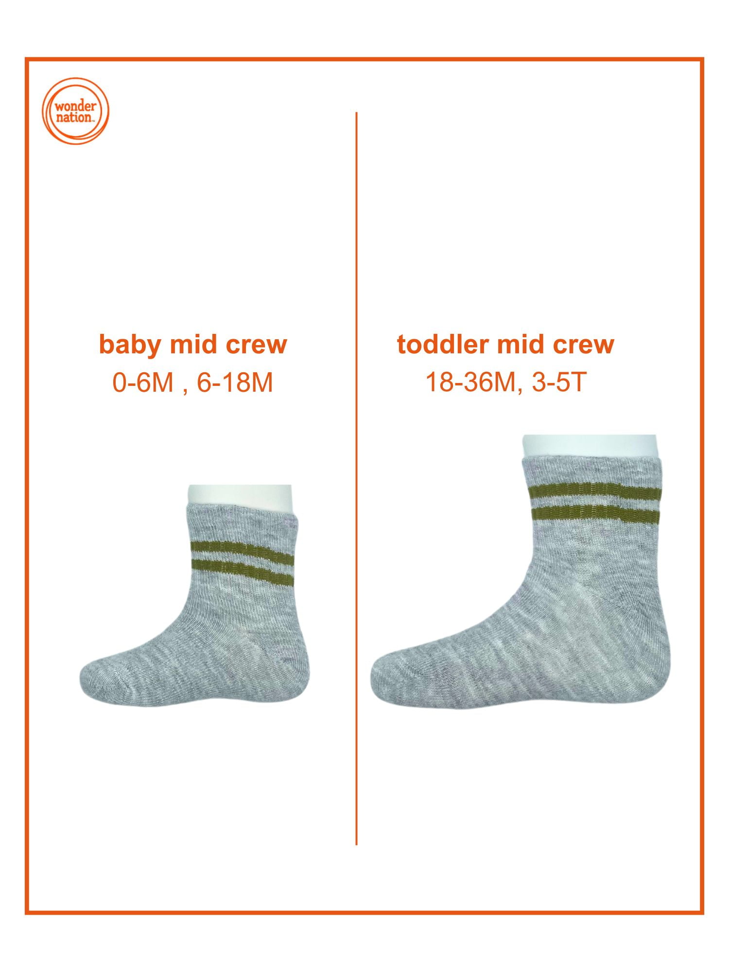 Wonder Nation Baby and Toddler Mid-Crew Socks, 6-Pack, Sizes 0M-5T
