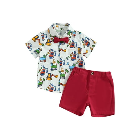

Qtinghua Toddler Baby Boys Summer Clothes Excavator Print Short Sleeve Button Down Tops Bowtie Shorts Outfits White Red 4-5 Years
