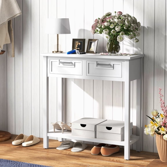 Accent Console Table Modern Sofa Foyer Table Storage Shelf with 2 Drawers White