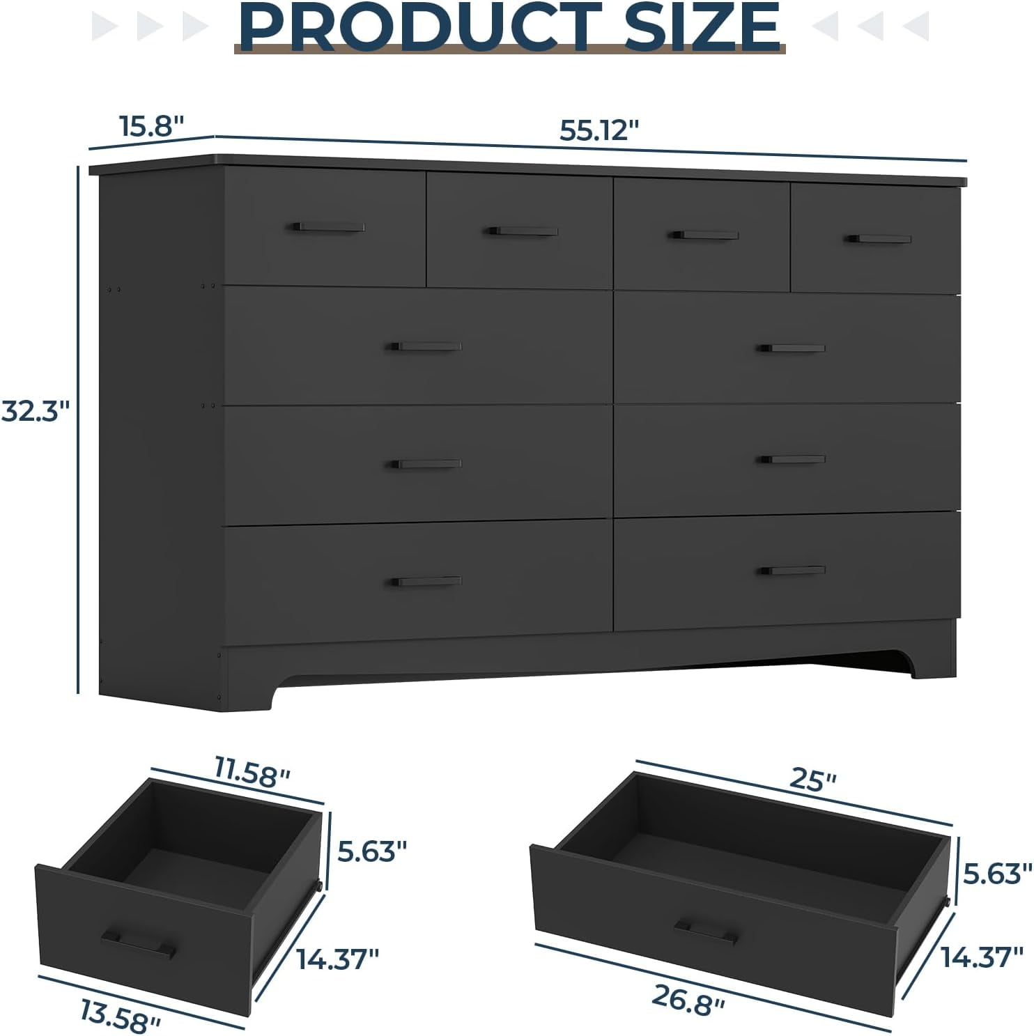 10 Drawers Dresser for Bedroom with Charging Station, Modern Long Chest of Drawers Storage Organizer, 55.1'' Wide Black Dresser TV Stand for Living Room