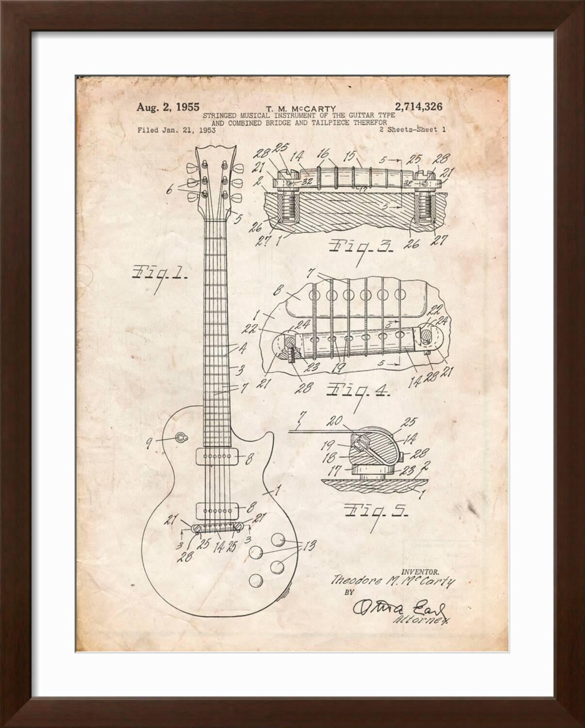 Art.com Gibson Les Paul Guitar Patent Art Print by Cole Borders, Brown Frame Wall Art, 32" x 40"