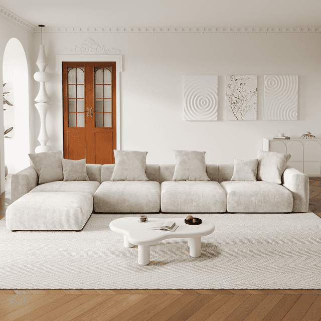 The Magic Home Canapé Sectionnel Modulaire Convertible en Velours Côtelé en Forme de L à 4 Places, Beige
