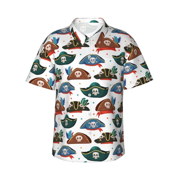 Balery Pirate Hats Camisas hawaianas de manga corta para hombre, camisas playeras de corte holgado, camisas de vacaciones con botones,X-Large