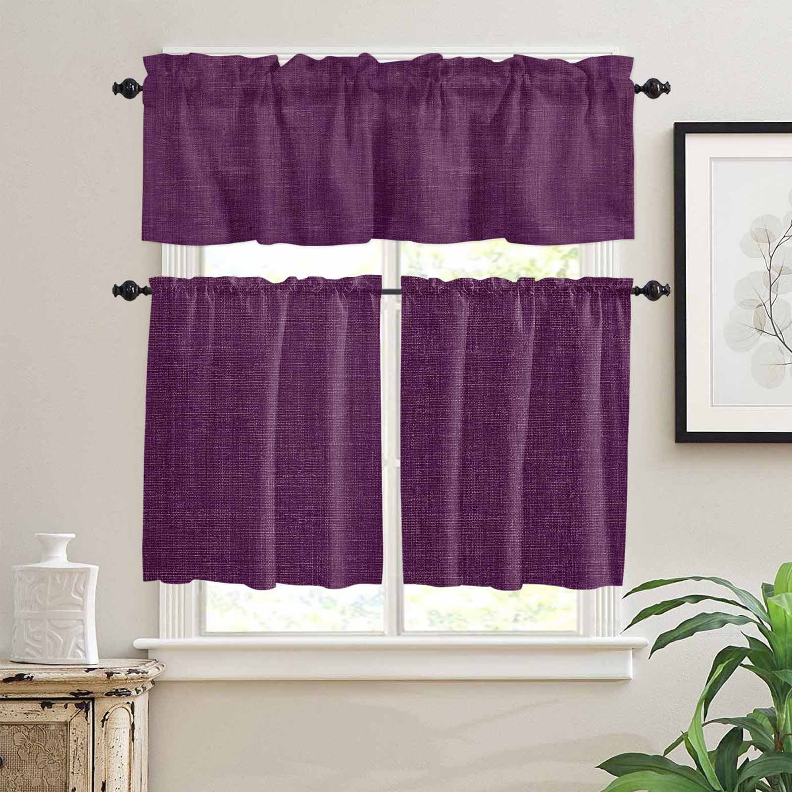Vintage Dark Kitchen Curtains Valance and Tier Set Purple Linen Texture Farmhouse Rod Pocket Short Curtains for Small Window 3 Pieces Set for Bedroom Bathroom Cafe (54" x 18"+27" x 36")