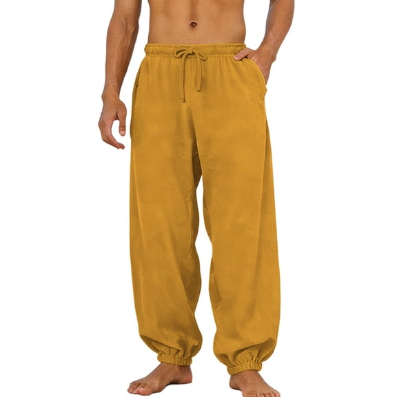 BXINGOHAI Men's Cotton Linen Pants Elastic Waist Drawstring Summer Beach Trousers Casual Yoga Pant Yellow,L