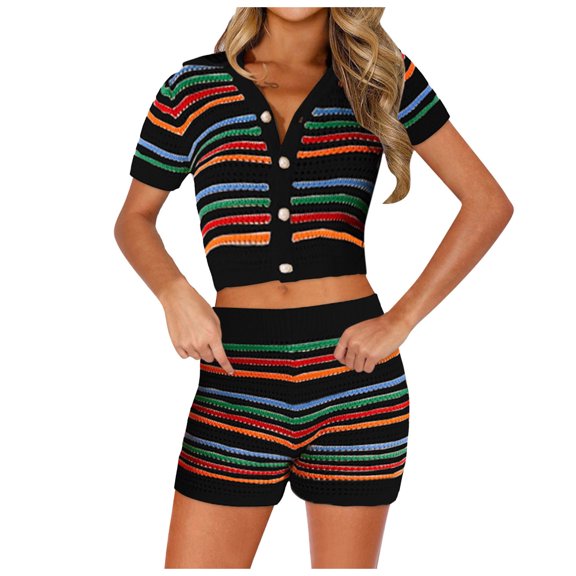 BOOMNY Womens 2 Peice Sets Striped Short Sleeve Knit Tops Shorts Outfits for Women Summer Casual Matching Sets