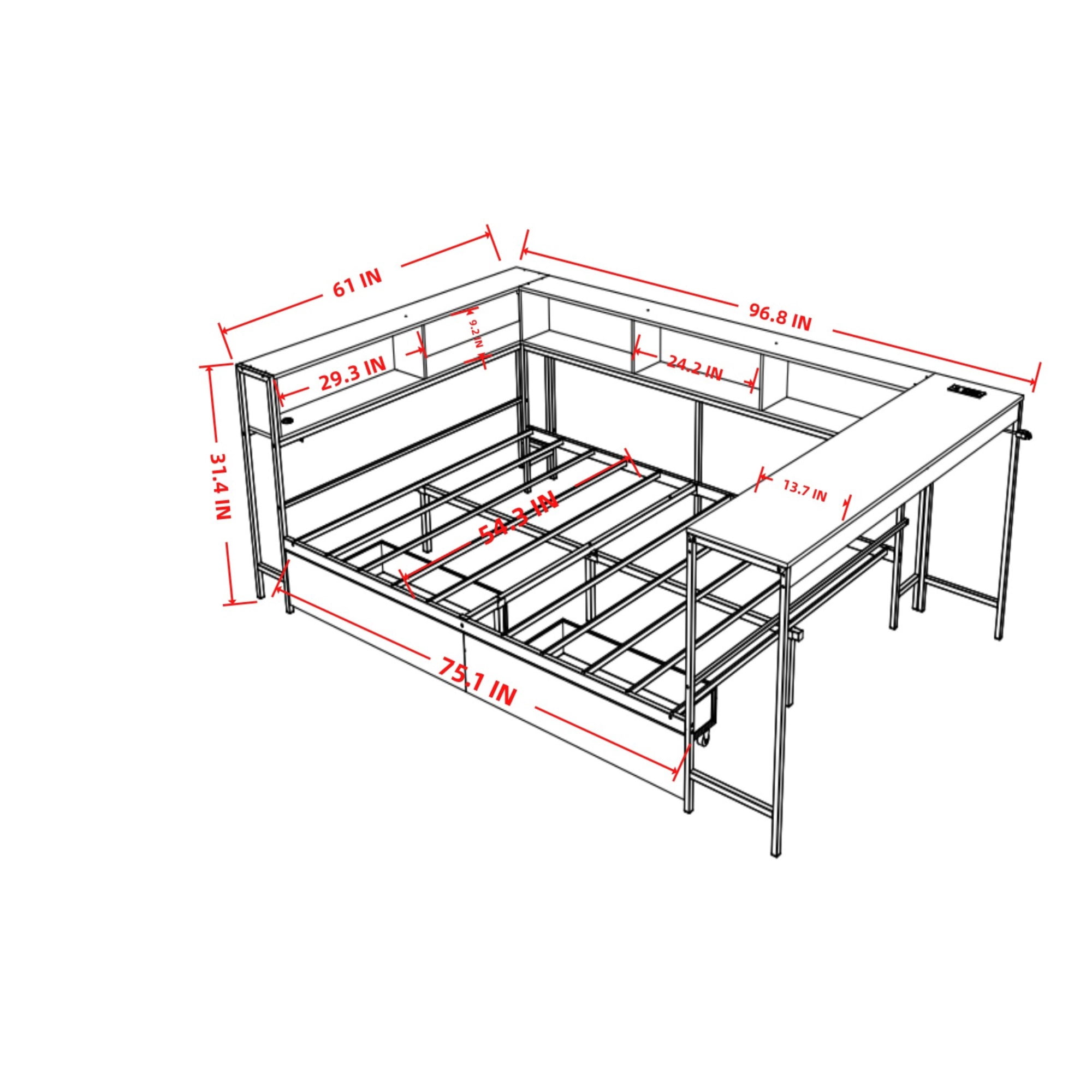 Aukfa Twin Corner Bed Frame with Desk, 2 Storage Drawers, Bookcase, Charging Station and LED Lights, Gray