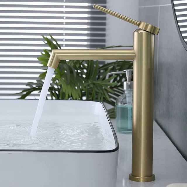 Grifo de baño de funcionamiento suave, grifo mezclador de lavabo de estilo contemporáneo con cartucho de disco de cerámica, construcción de latón macizo para mayor durabilidad y acabado dorado