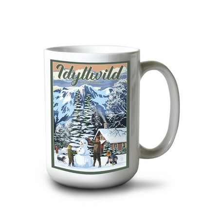 

15 fl oz Ceramic Mug Idyllwild California Snowman Scene Dishwasher & Microwave Safe