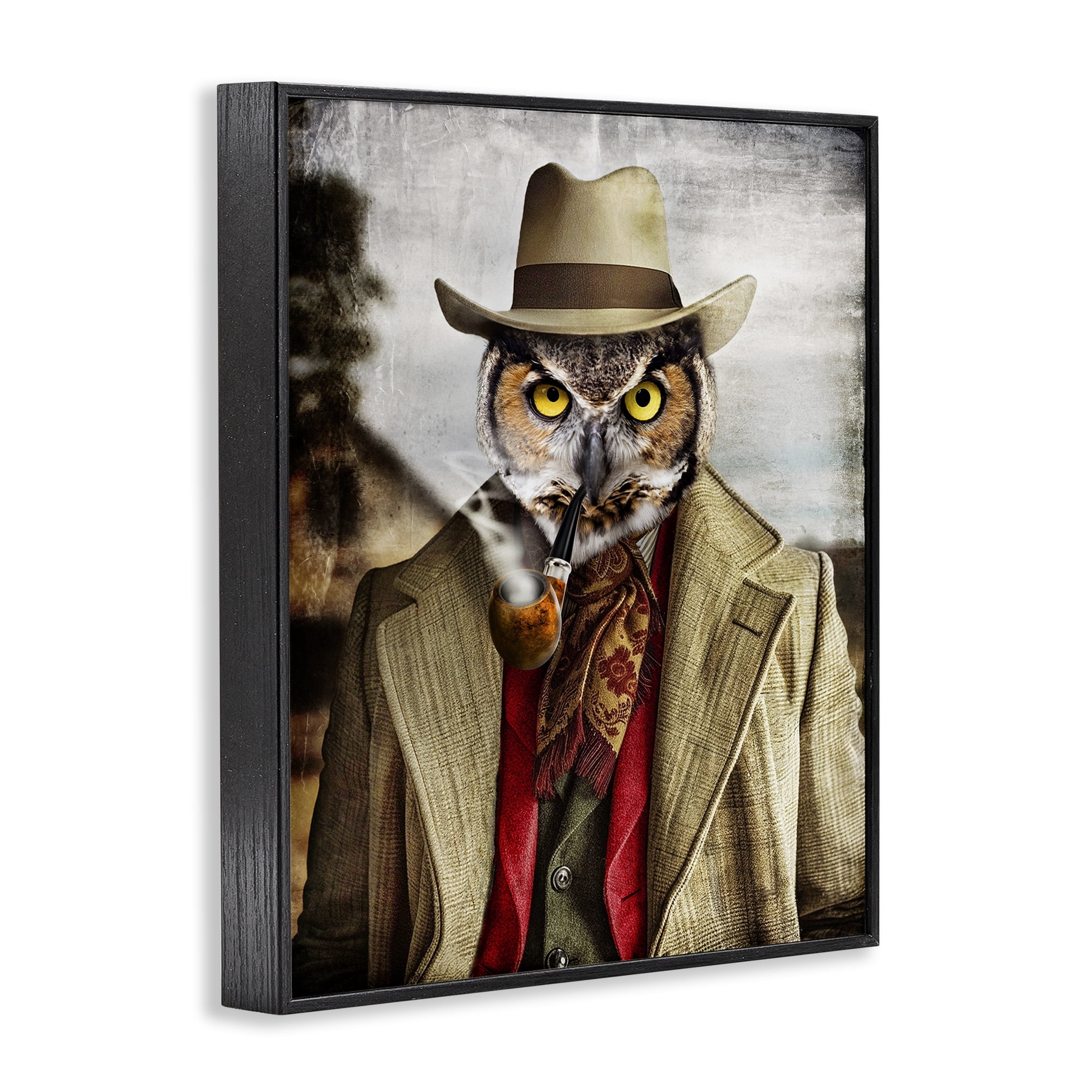 Stupell Industries Owl with Classic Pipe Animals & Insects Painting Black Framed Art Print Wall Art, 16 x 20