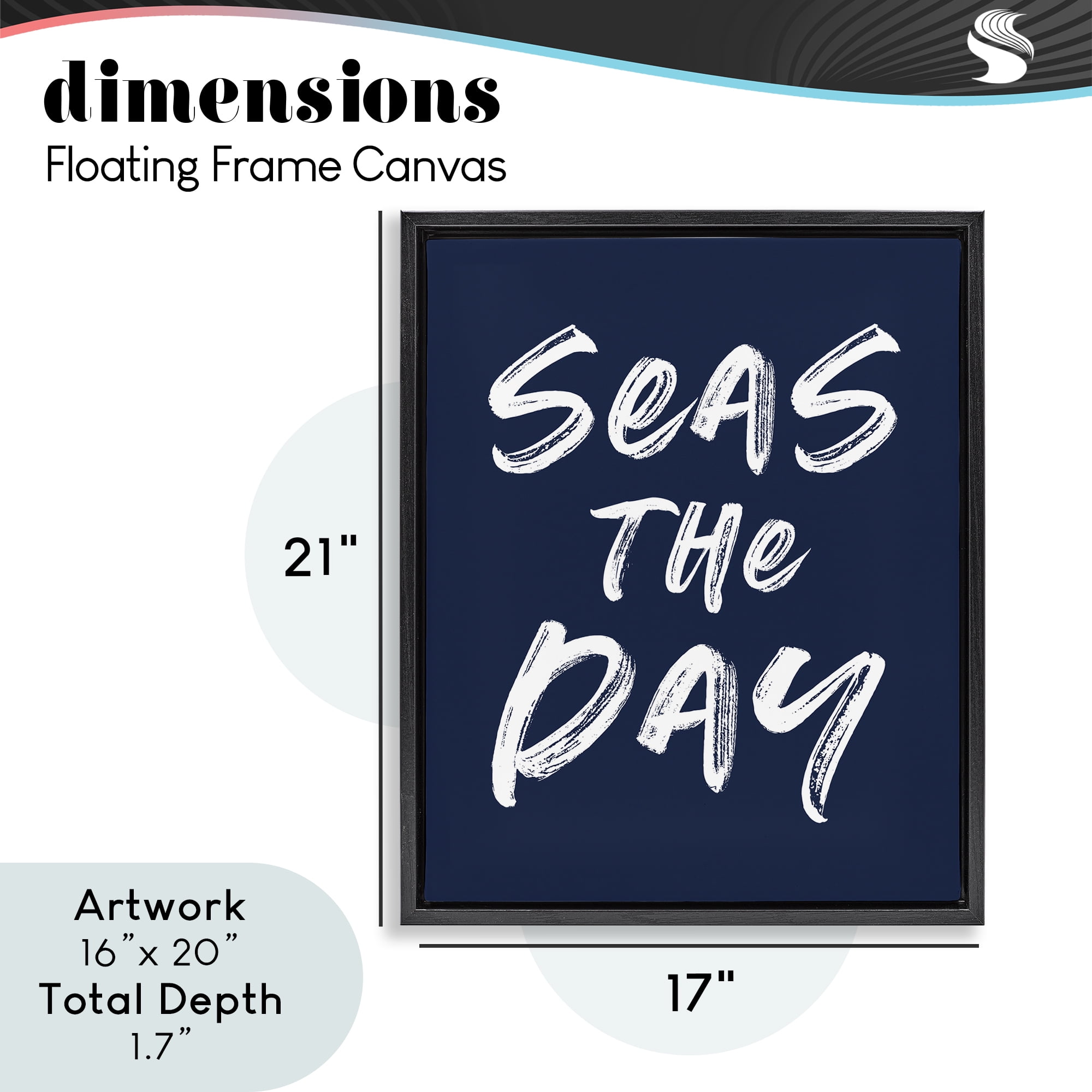 Seas The Day Sentiment Black Framed Floater Canvas Wall Art, design by Lettered and Lined