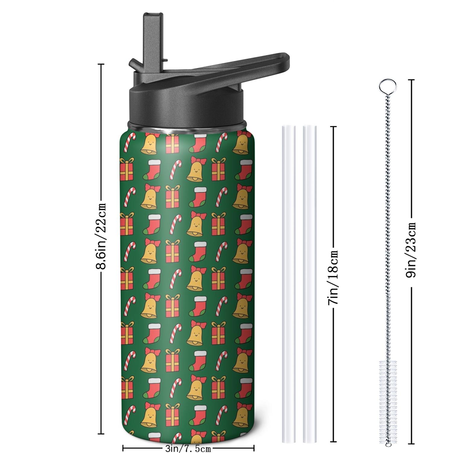 Christmas 18 oz Insulated Stainless Steel Water Bottle with Straw & Cleaning Brush , Leakproof, BPA-Free, 304 Stainless Steel, Wide Mouth, Travel Mug for Car, Gym, Office