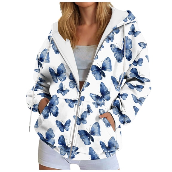 zaveiop Hoodies for Women 2025 Womens Zip up Hoodie Oversized Cute Butterfly Graphic Sweatshirts Fall Fashion Casual Outfits (Navy, M)