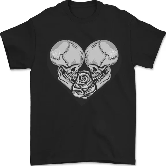 Two Skulls A Heart And Rose Gothic Goth Love Mens T-Shirt