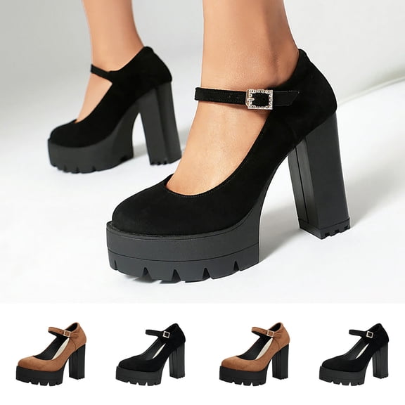 Women's Faux Suede Platform Mary Jane Heels, Plus Size Comfortable Ankle Strap Party Shoes, Chunky Heel Platform Pumps for Daily Wear Office Shopping