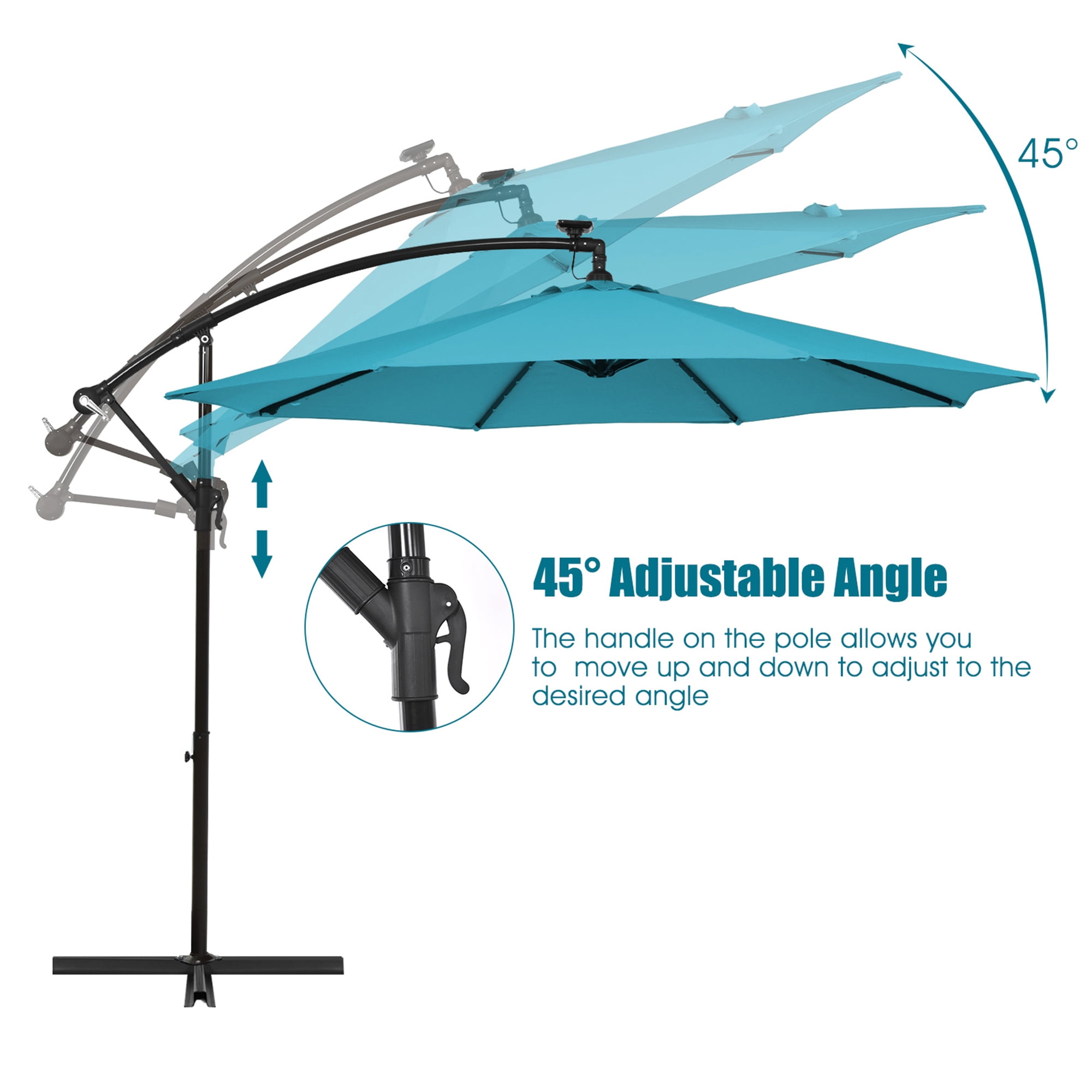 Gymax 10ft Solar Patio Umbrella Outdoor Offset Hanging Umbrella w/ 40 LED Lights Turquoise